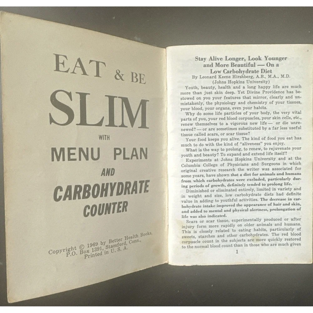 Eat & Be Slim - You'll Never Be Hungry - Menu Plan Carbohydrate Counter - 1969